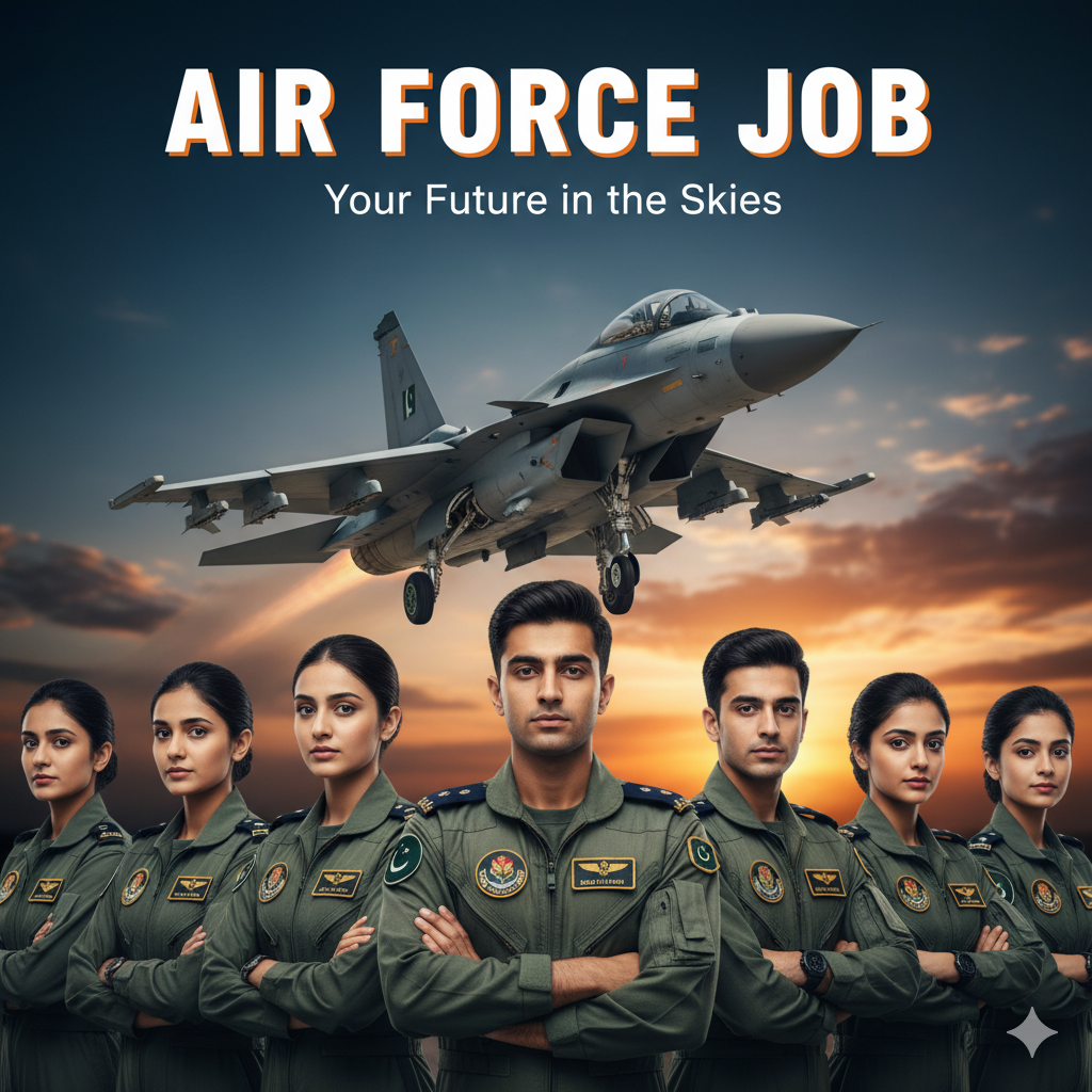 "A striking 16:9 thumbnail. In the foreground, a confident, diverse group of young men and women, dressed in sharp, modern military-style uniforms, are looking directly at the viewer with determined expressions. Behind them, a sleek, modern fighter jet is prominently featured, taking off or landing, with motion blur to convey speed and power. The sky is a dramatic mix of blue and orange from a sunrise or sunset. Overlay text: 'AIR FORCE JOB' in bold, easy-to-read font, with a smaller tagline 'Your Future in the Skies' below it. The overall aesthetic is inspiring, professional, and dynamic, using a color palette of deep blues, grays, and metallic accents with warm orange highlights."